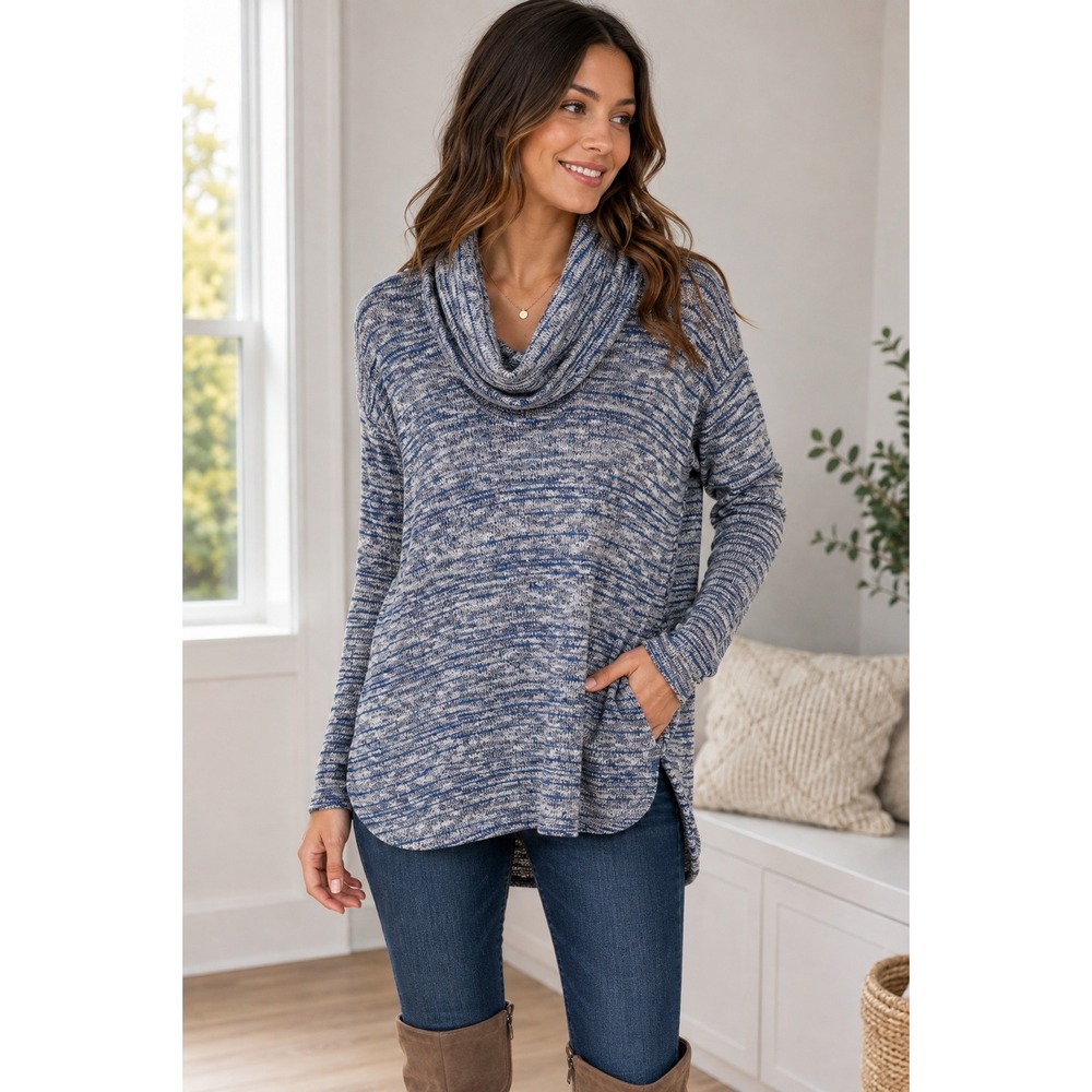 Splendid Cowl Neck Sweater XS‎ Blue Space Dye Knit Pockets Tunic High-Low Hem